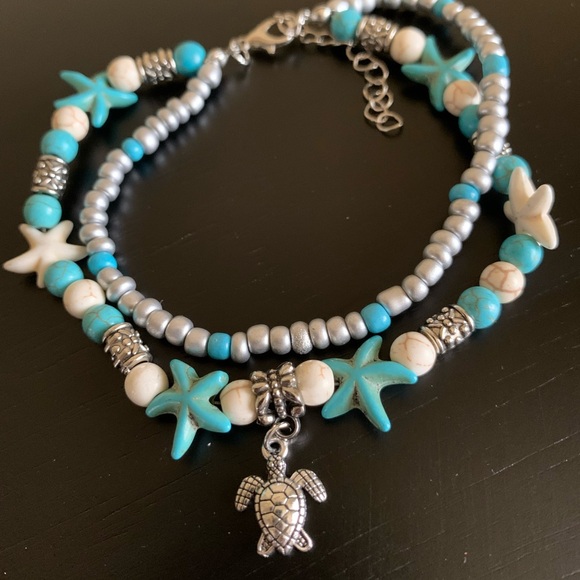 Boho Sea Turtle Starfish Nautical Layered Anklet - Picture 2 of 4
